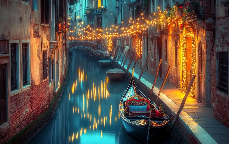 Weihnachtslichter in einem schmalen Kanal, Venedig