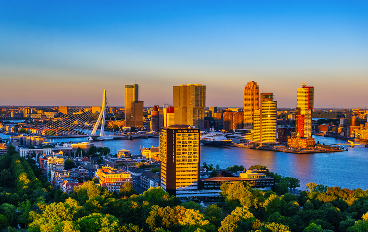 Skyline von Rotterdam mit der Erasmus-Brücke, Niederlande